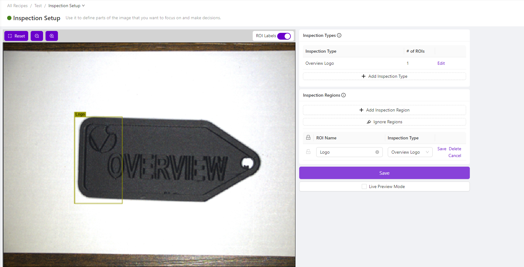 Trang Inspection Setup với ROI ví dụ được phủ lên